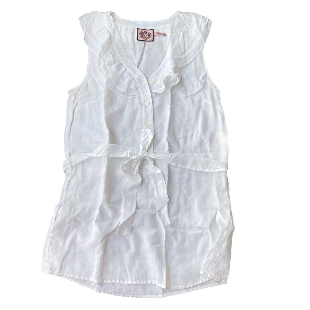 Juicy Couture Women's Sleeveless White Ruffle V-Neck Button Up Blouse Size 0